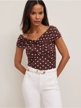 Ann Taylor Brown Polka Dot Off-Shoulder Ruched Camisole